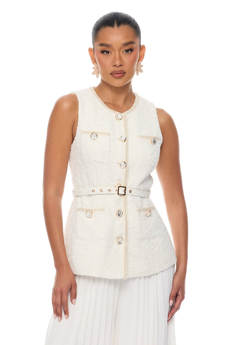 Down The Coast Tweed Pleated Pant Set - Off White