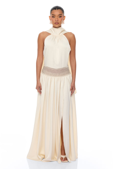 Anya Embellished Satin Maxi Dress - Cream