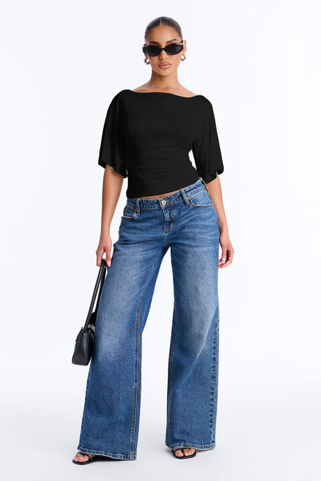 Nicolette Tie Waist Short Sleeve Top - Black