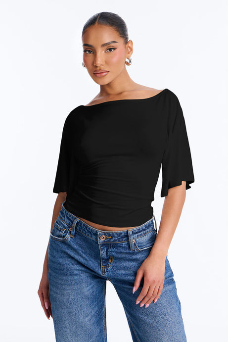 Nicolette Tie Waist Short Sleeve Top - Black