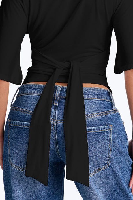 Nicolette Tie Waist Short Sleeve Top - Black