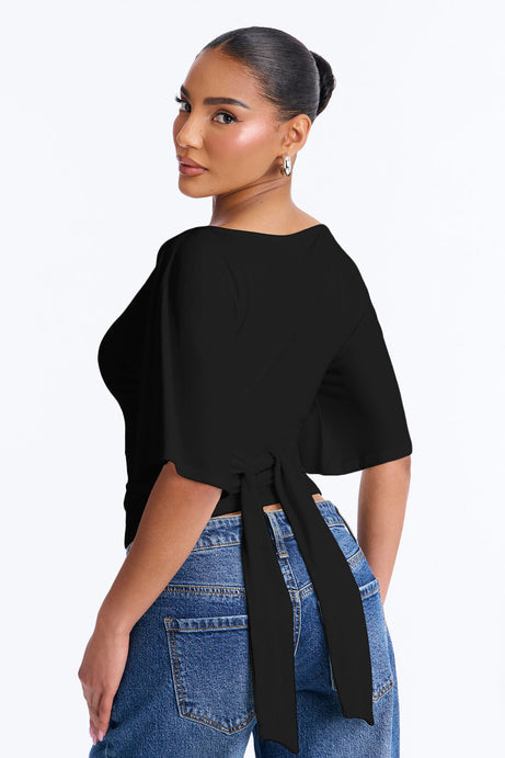 Nicolette Tie Waist Short Sleeve Top - Black