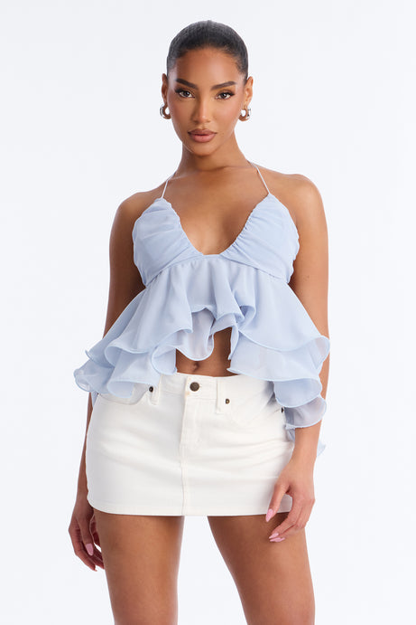Cute Life Ruffle Chiffon Babydoll Top - Blue