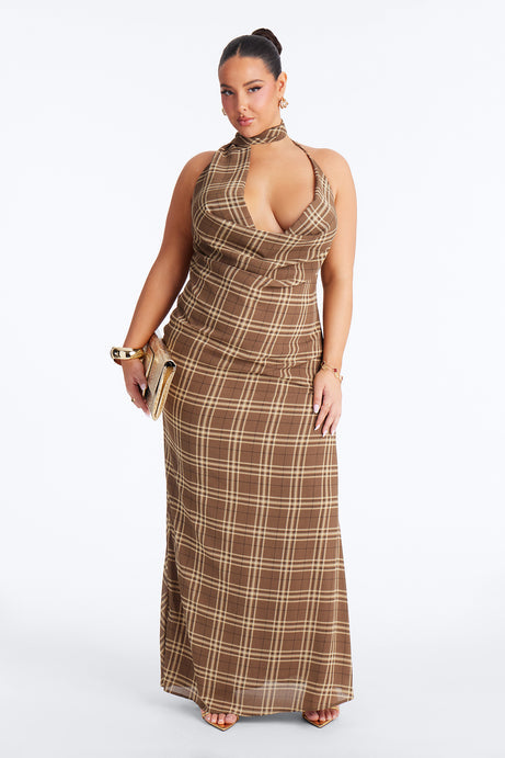 Verona Plaid Chiffon Maxi Dress - Brown/combo