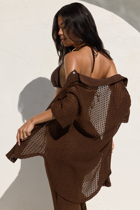 Abby Button Up Swim Cover Up Top - Chocolate