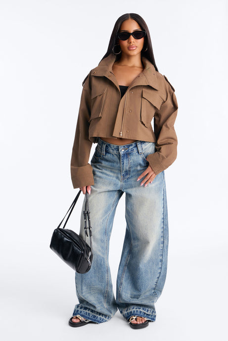 Mission Accomplished Cropped Funnel Neck Utility Jacket - Khaki