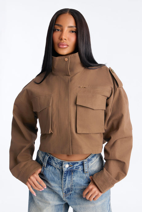 Mission Accomplished Cropped Funnel Neck Utility Jacket - Khaki