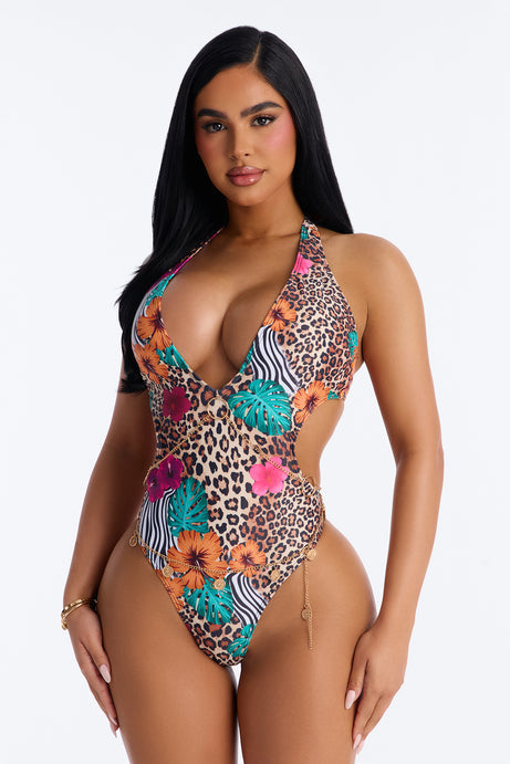 Kira Floral Leopard Scoop 1 Piece Swimsuit - Brown/combo