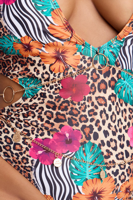 Kira Floral Leopard Scoop 1 Piece Swimsuit - Brown/combo
