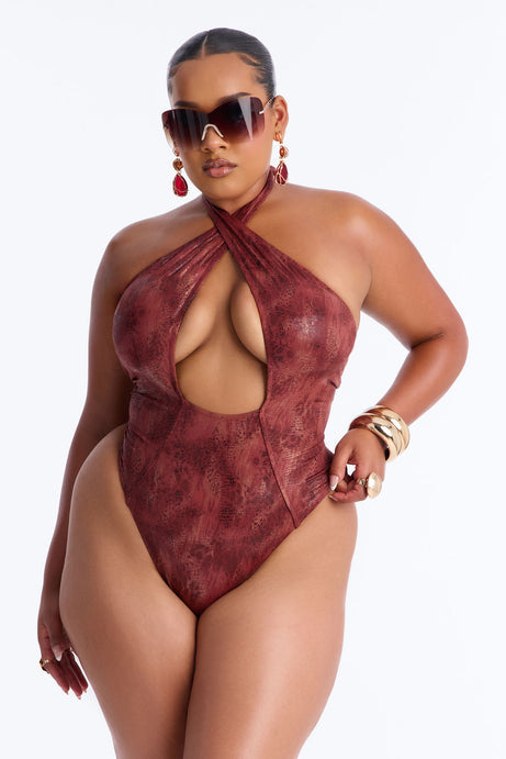 Keep Me Close Halter Neck 1 Piece Swimsuit - Brown/combo