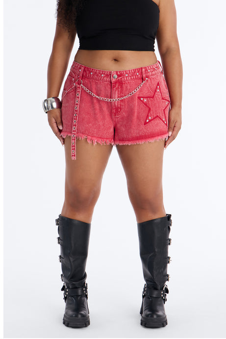 Star Studded Embellished Cut Off Denim Shorts - Red