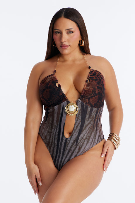 Jungle Siren Hardware Mesh Halter Bodysuit - Brown/combo