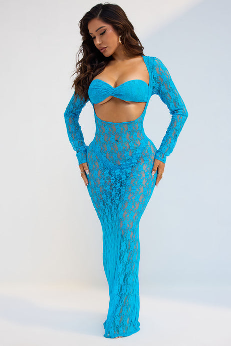Summers In Mykonos Lace 3 Piece Bandeau Bikini Dress Set - Blue