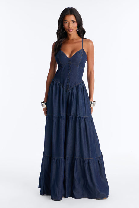 Belle Denim Tiered Wide Leg Jumpsuit - Dark Wash