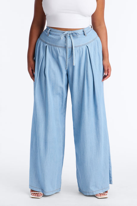Golden Hour Chambray Tie Waist Pant 33″ - Light Wash