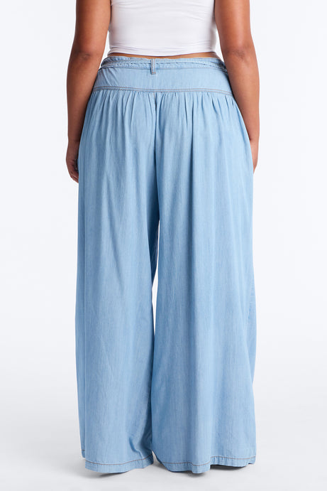 Golden Hour Chambray Tie Waist Pant 33″ - Light Wash