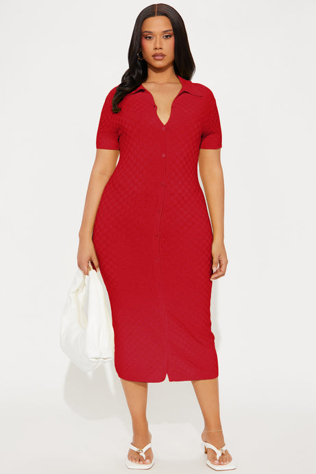 Match My Vibe Checkered Midi Dress - Red