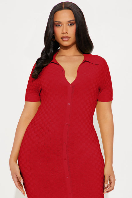 Match My Vibe Checkered Midi Dress - Red