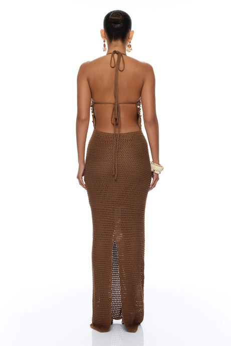 Seaside Sparkle Crochet Maxi Dress - Chocolate