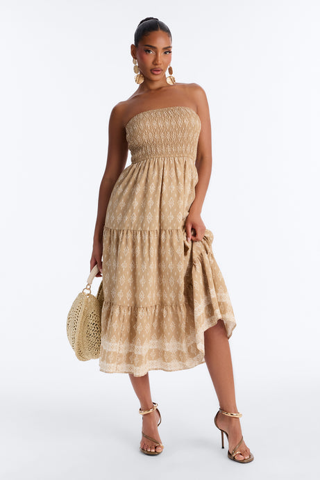 Noelle Strapless Print Midi Dress - Mocha/combo