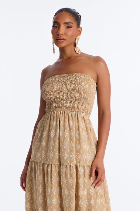 Noelle Strapless Print Midi Dress - Mocha/combo