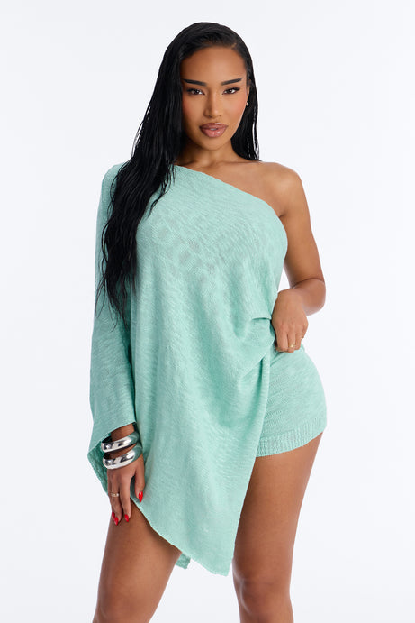 Solia One Shoulder Sweater Knit Short Set - Aqua