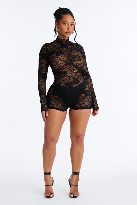 Leana Lace Sheer Micro Romper - Black