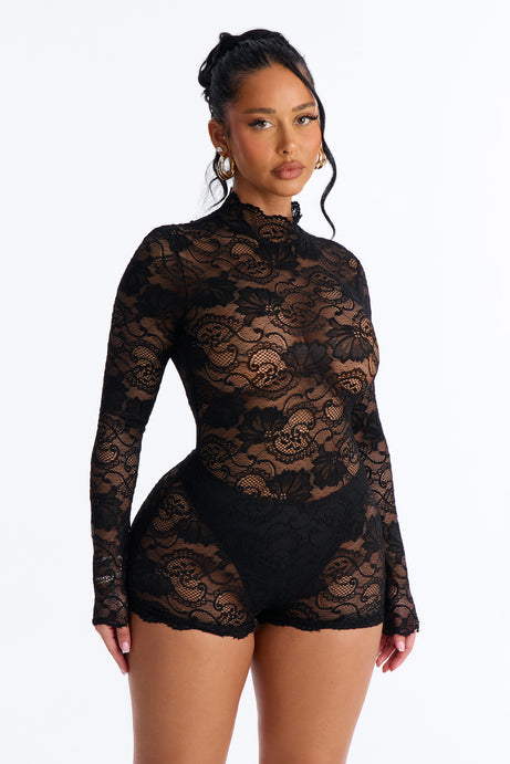 Leana Lace Sheer Micro Romper - Black