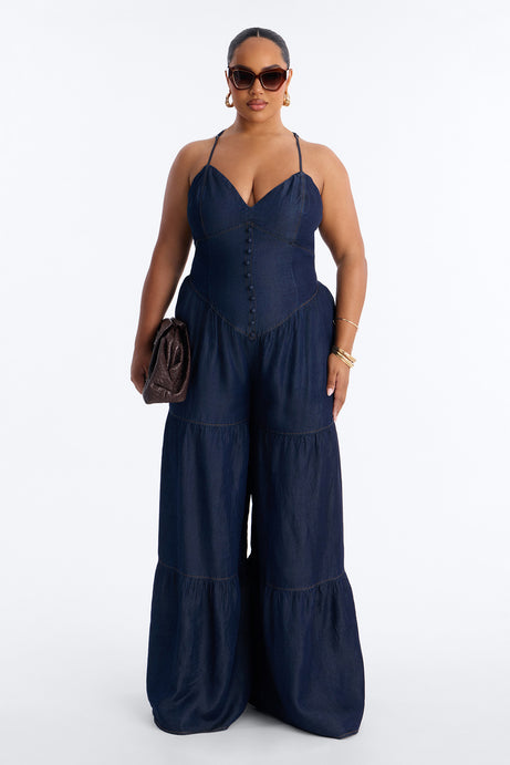 Belle Denim Tiered Wide Leg Jumpsuit - Dark Wash