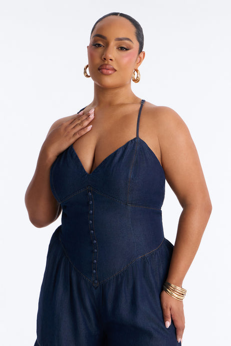 Belle Denim Tiered Wide Leg Jumpsuit - Dark Wash
