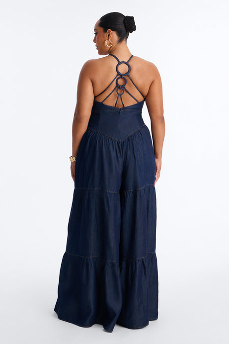 Belle Denim Tiered Wide Leg Jumpsuit - Dark Wash