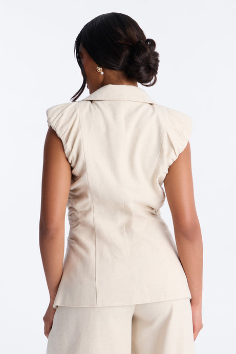 Nhulla Sleeveless Ruched Linen Blazer - Natural