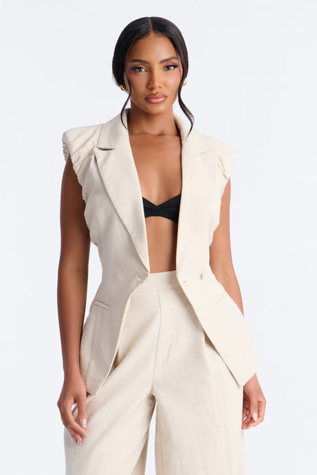 Nhulla Sleeveless Ruched Linen Blazer - Natural