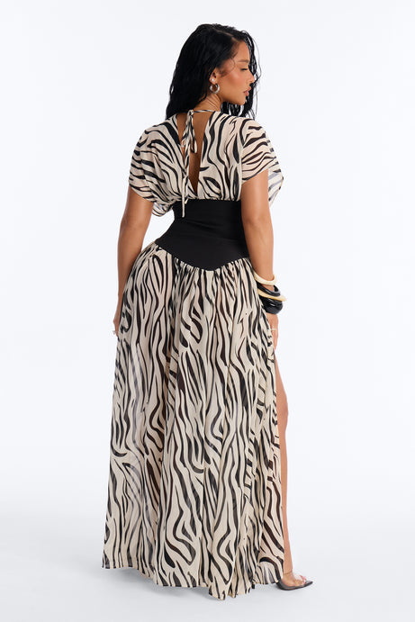 Dalilah Printed Chiffon Corset Maxi Dress - White/Black