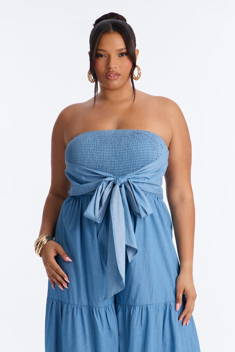 Tier Me Out Wide Leg Jumpsuit - Denim