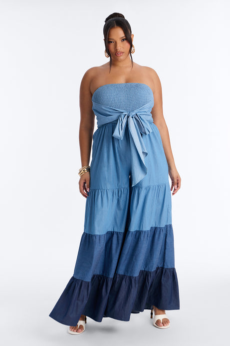 Tier Me Out Wide Leg Jumpsuit - Denim