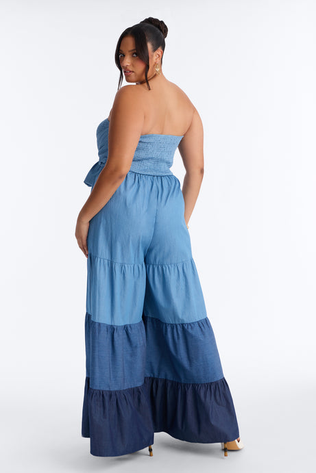 Tier Me Out Wide Leg Jumpsuit - Denim