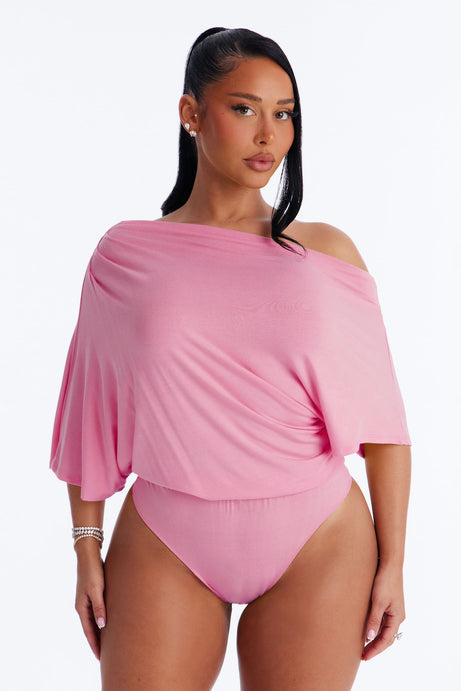 Flatter Me Off Shoulder Bodysuit - Pink