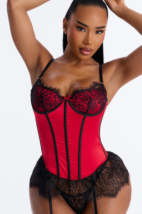 Bella Lace Boning Teddy - Red/Black