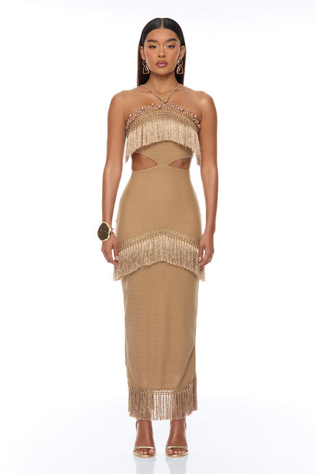 Mika Embellished Fringe Crochet Maxi Dress - Brown