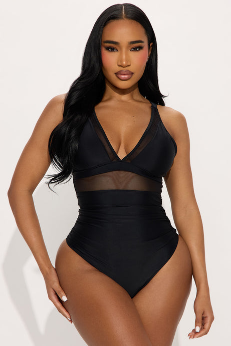 Take A Dip Mesh Cutout Tummy Control 1 Piece Swimsuit - Black