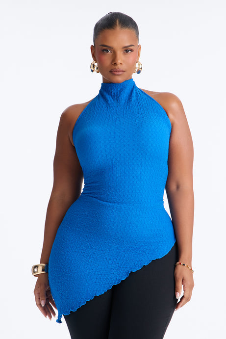 Barbados Textured Asymmetrical Halter Mock Neck Top - Royal