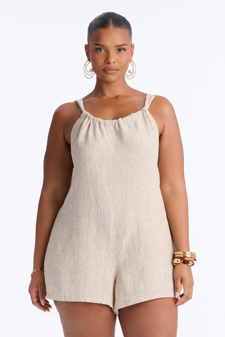 Jeanie Flowy Linen Romper - Tan