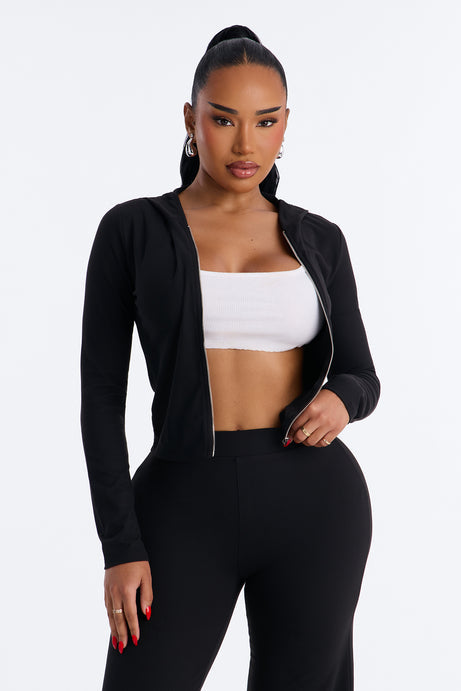 Casual Vibe Zip Up Hoodie Pant Set - Black
