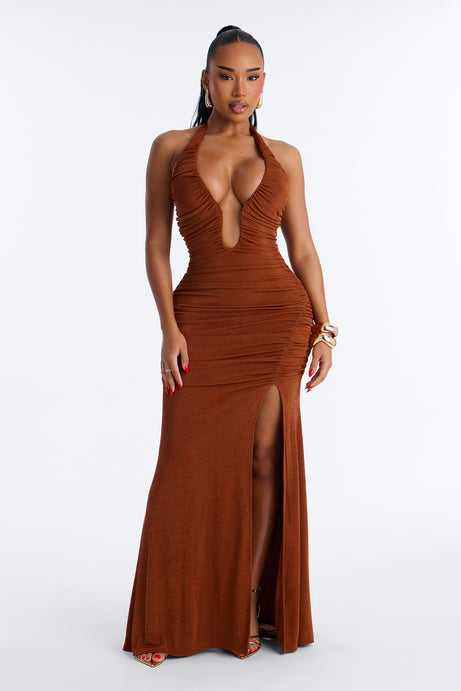 Maia Ruched Slinky Maxi Dress - Rust