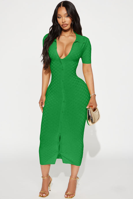 Match My Vibe Checkered Midi Dress - Kelly Green