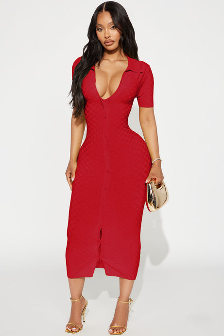 Match My Vibe Checkered Midi Dress - Red