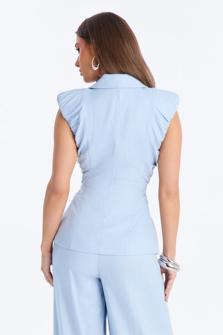 Nhulla Sleeveless Ruched Linen Blazer - Blue