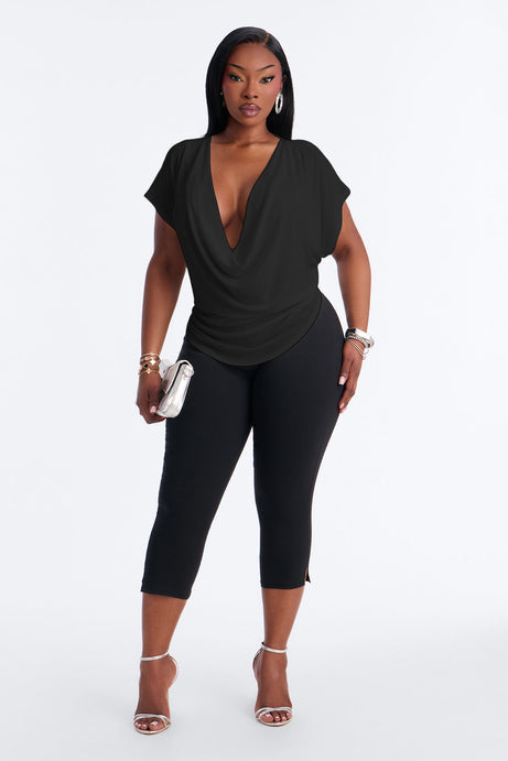 Casey Deep V-Neck Short Sleeve Top - Black