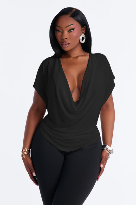 Casey Deep V-Neck Short Sleeve Top - Black